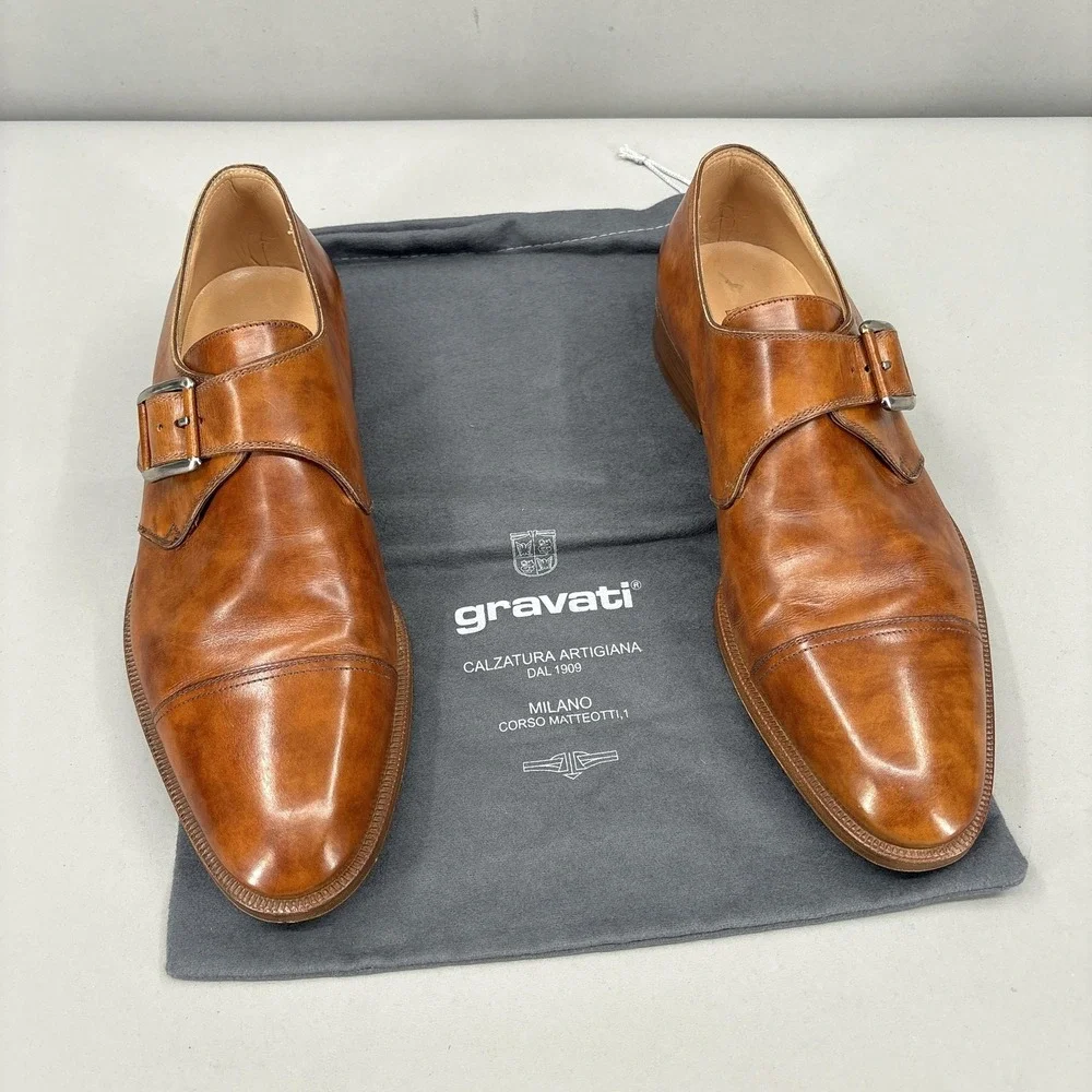 Gravati‎ Shoes Mens Size 8.5 Leather Monk Strap Cap Toe Dress Handmade Italy NEW